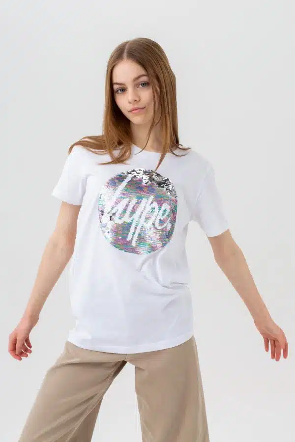 Girls white sequin circle t-shirt - pose front