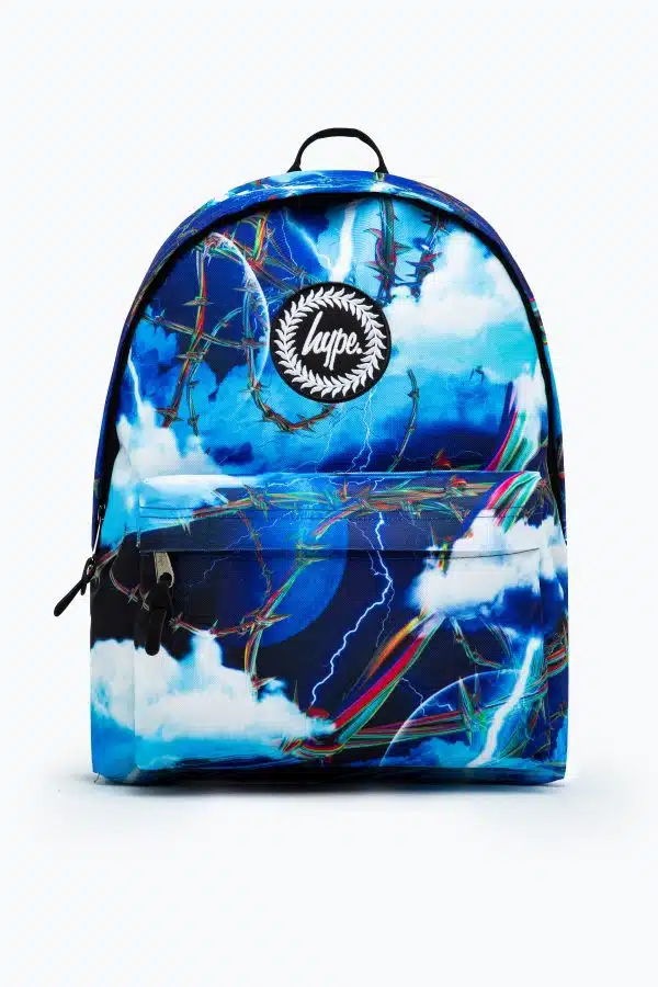 Unisex Blue lightening barbwire crest backpack - front