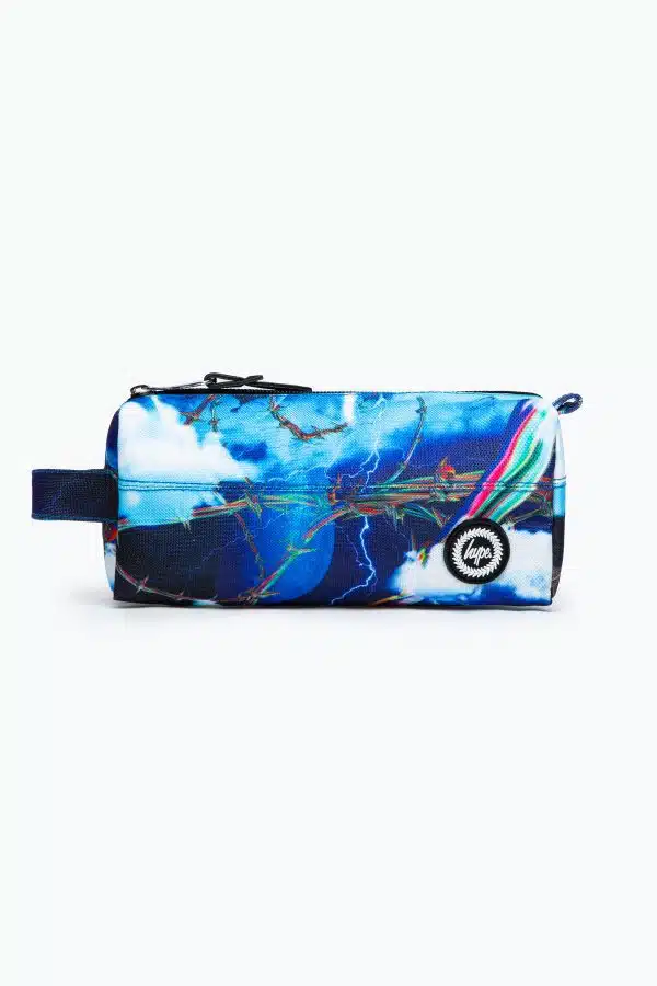 Unisex Blue lightening barbwire crest pencil case - front