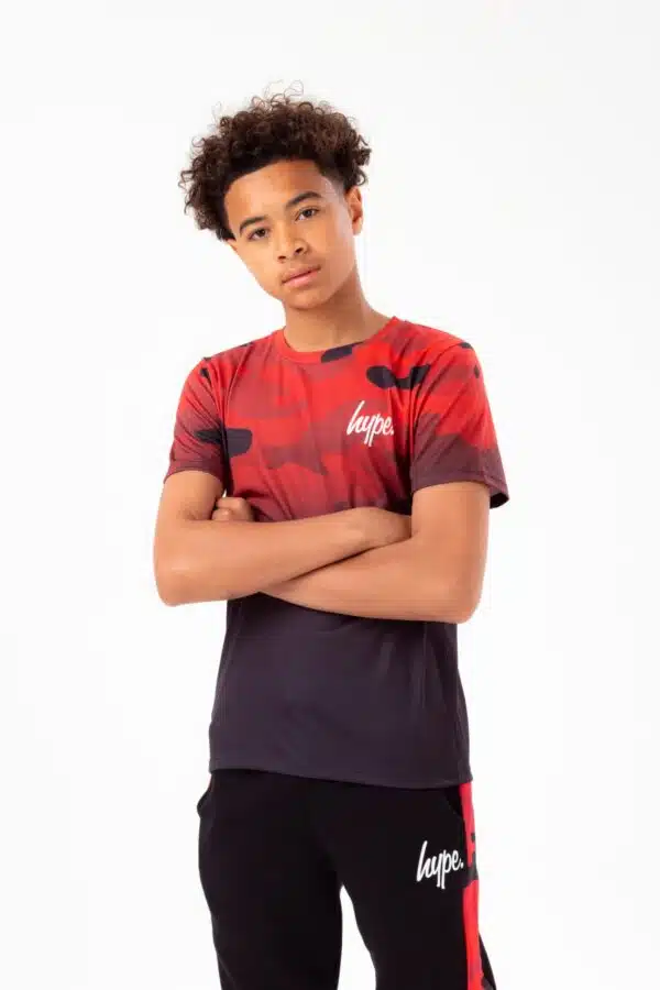 hype boys red camo tshirt on model