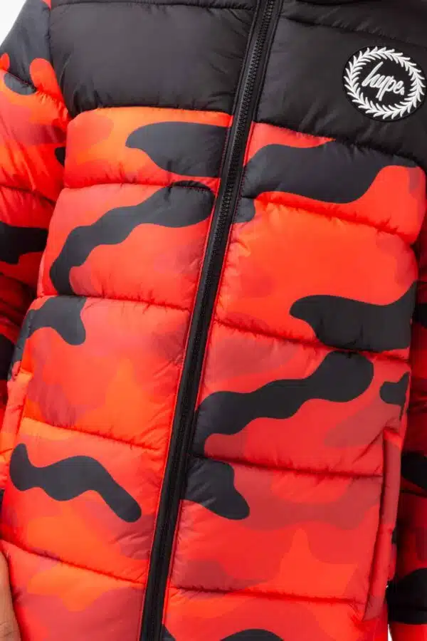 hype boys orange and black camo puffer jacket close up