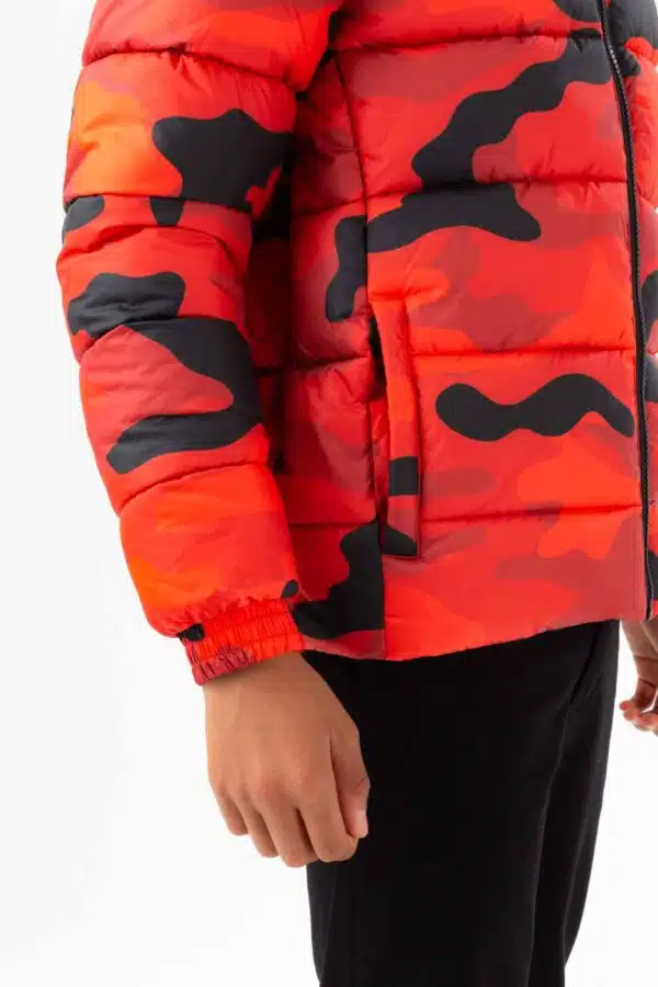 hype boys orange and black camo puffer jacket close up