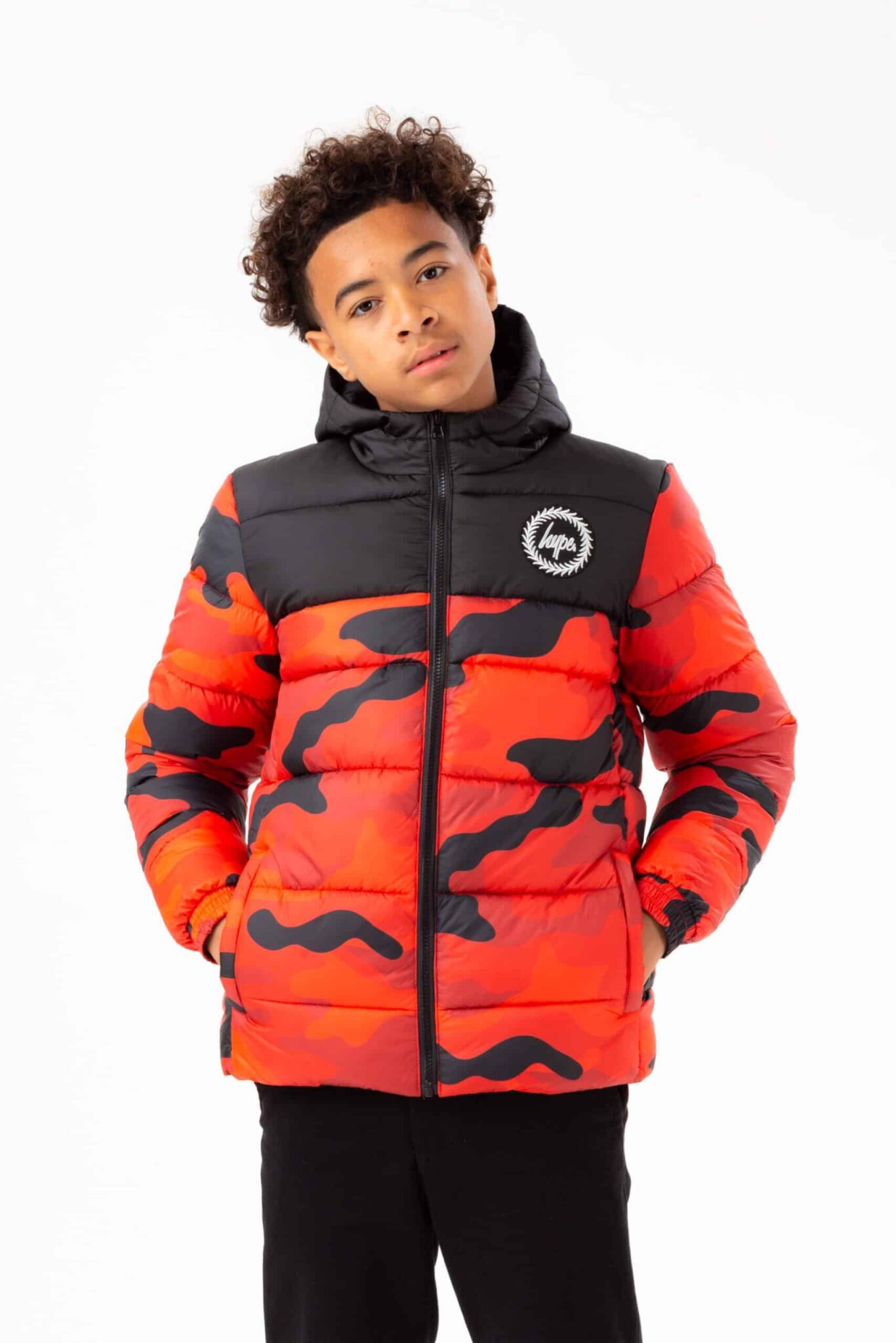 hype boys orange and black camo puffer jacket