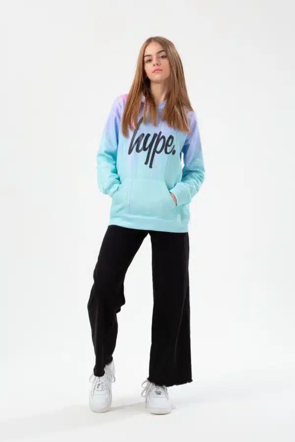 hype drip purple and turquoise hoodie on model