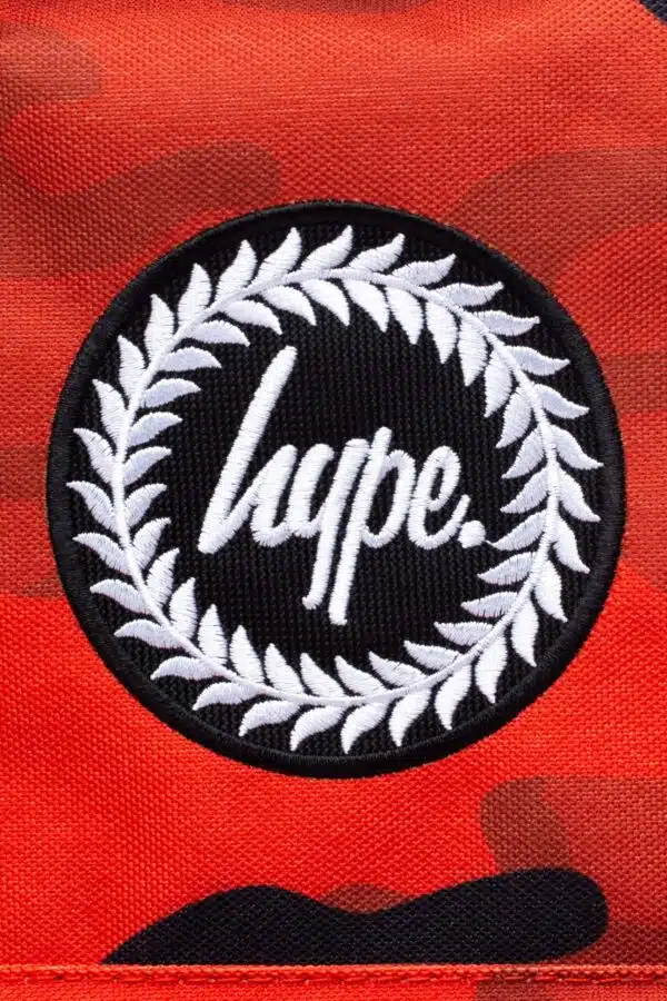 hype red camo backpack logo closeup