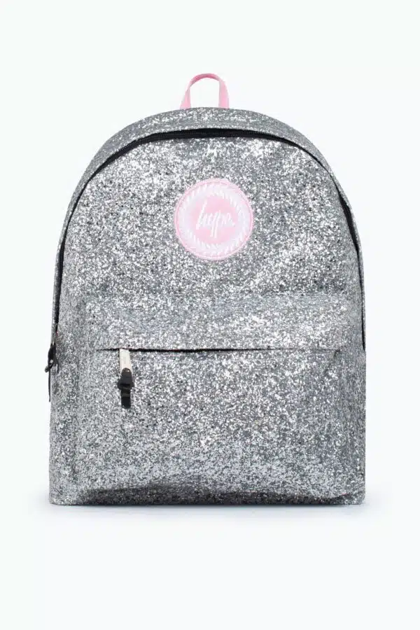 hype silver glitter backpack white background