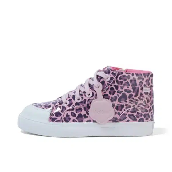 girls kickers leopard print patent hi top trainers side