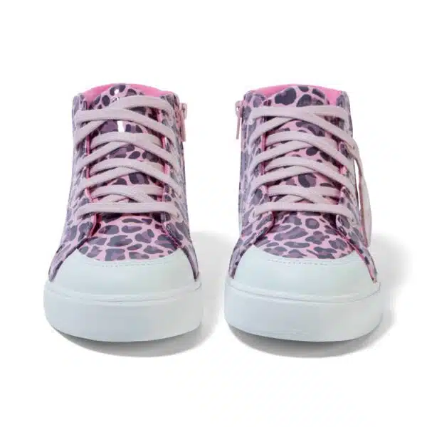 girls kickers leopard print patent hi top trainers top view white background