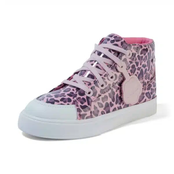 girls kickers leopard print patent hi top trainers