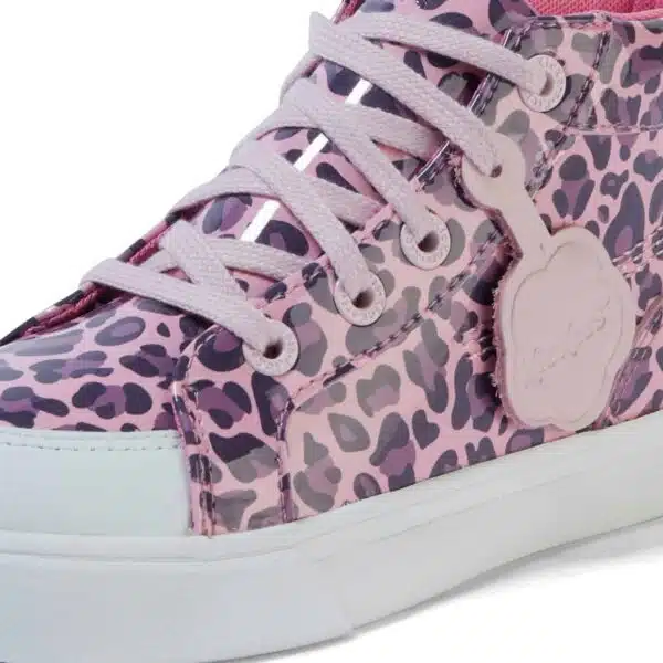 girls kickers leopard print patent hi top trainers front view