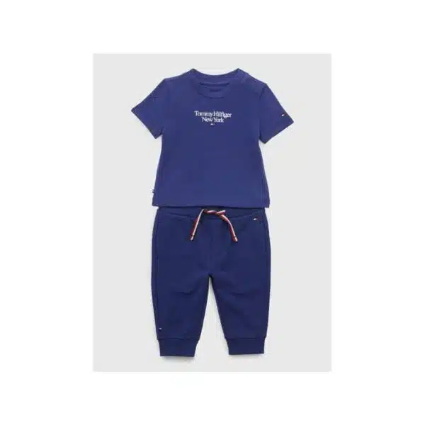 Tommy Boys blue tracksuit bottoms and tee grey background