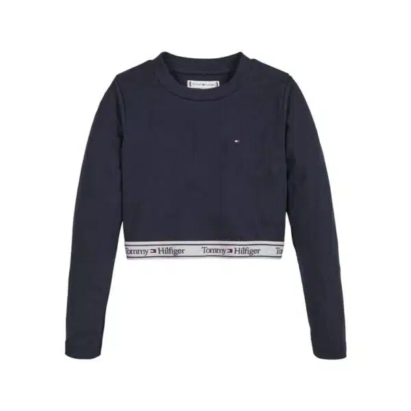 Tommy girls black crop top with long sleeve front view