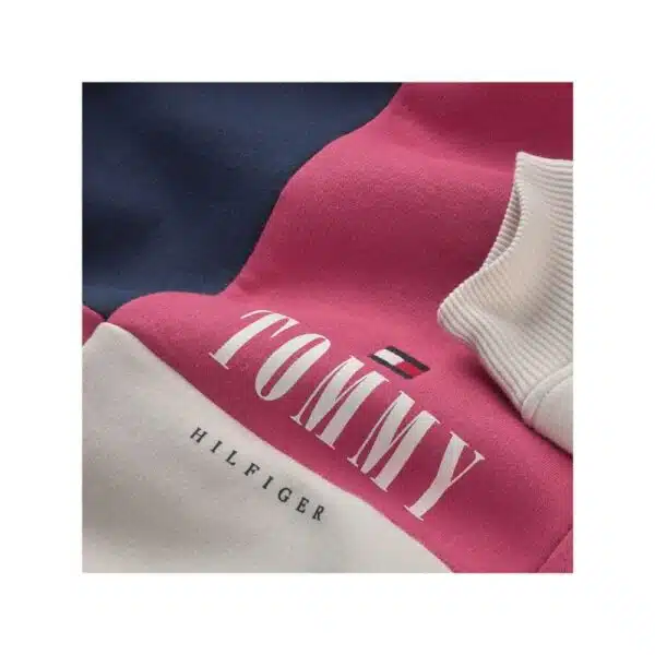 Tommy oversized 80s style colour block kids hoodie logo close up