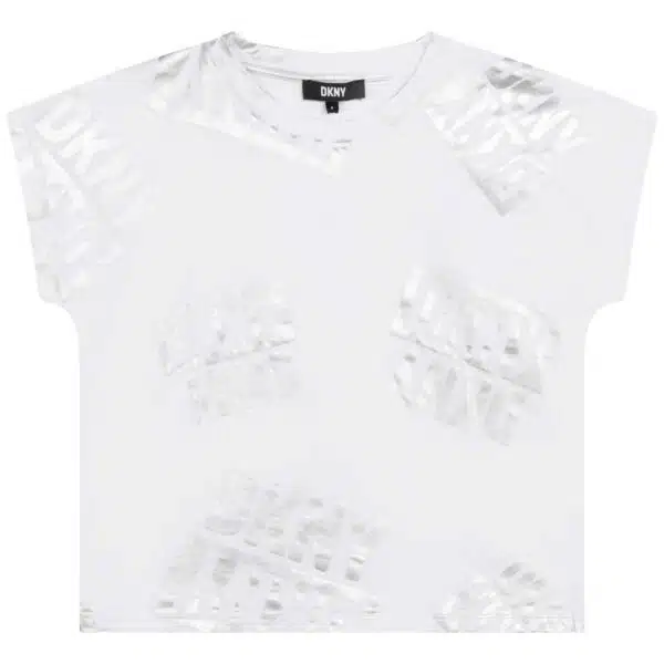 DKNY girls white tshirt with multiple silver logos