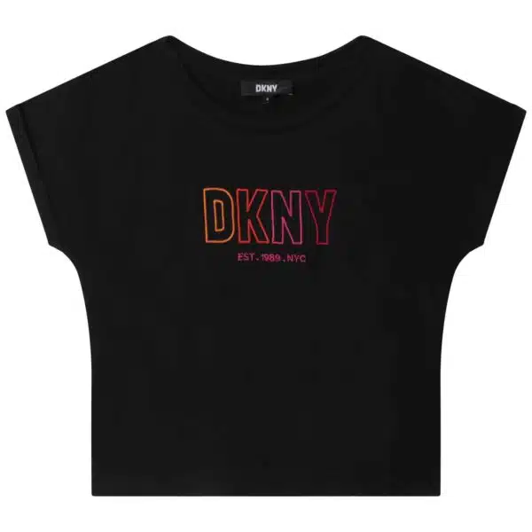 DKNY girls black tshirt with multi coloured logo