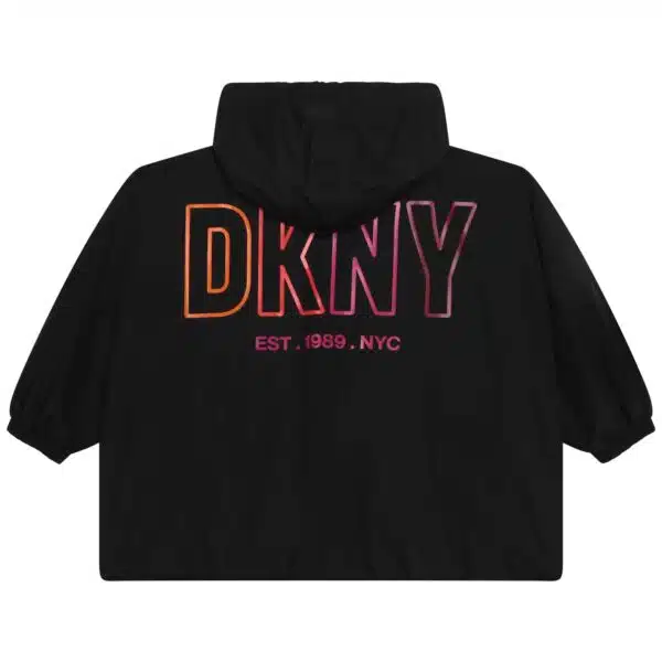 DKNY girls black hoodie with multi coloured logo front view