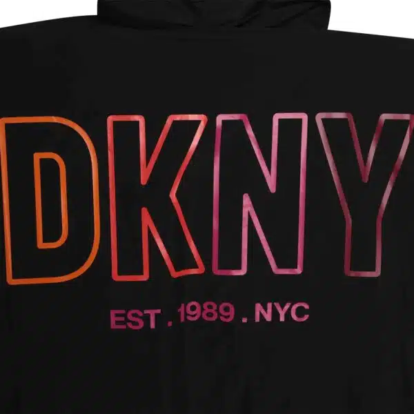 DKNY girls black hoodie with multi coloured logo close up