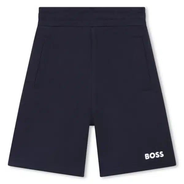 Boss boys navy bermuda shorts front view