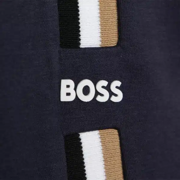 BOSS boys navy hoodie with vertical stripes close up