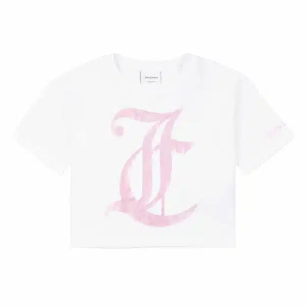 Juicy Couture pale pink logo close up on white tshirt front view