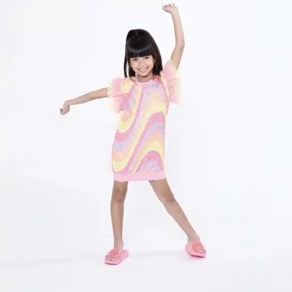 Billieblush multi coloured girls sequinned dress on model