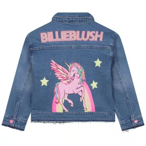 Billieblush model with unicorn denim jacket back view