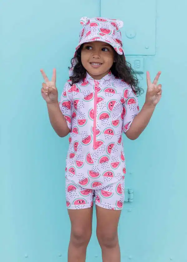 the bonnie mob kids watermelon swim rash suit and hat on model