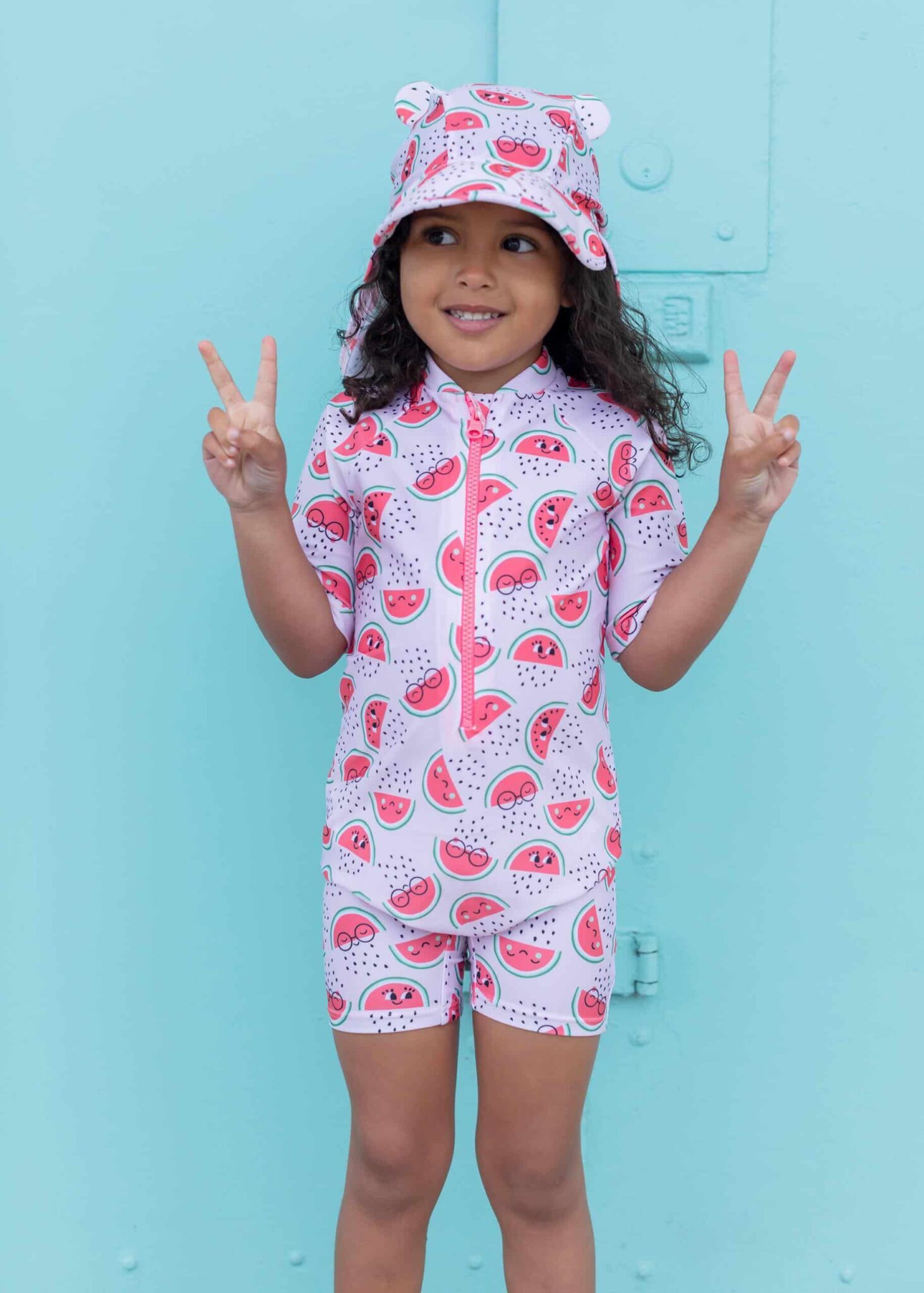 the bonnie mob kids watermelon swim rash suit and hat