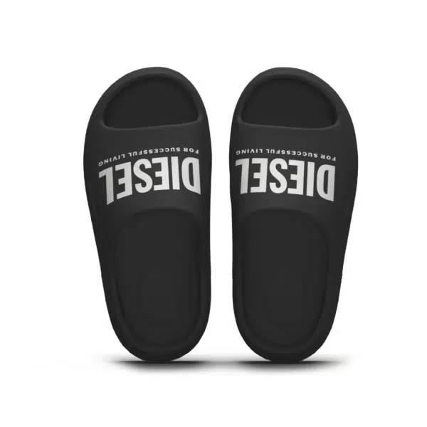 Diesel boys black sliders with white logo stood up