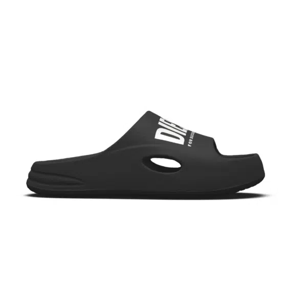 Diesel boys black sliders with white logo side view