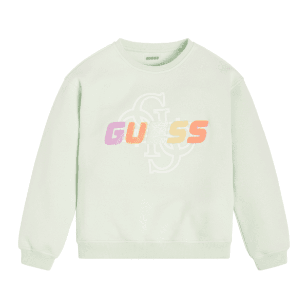 Guess pale green girls sweater with multi coloured logo