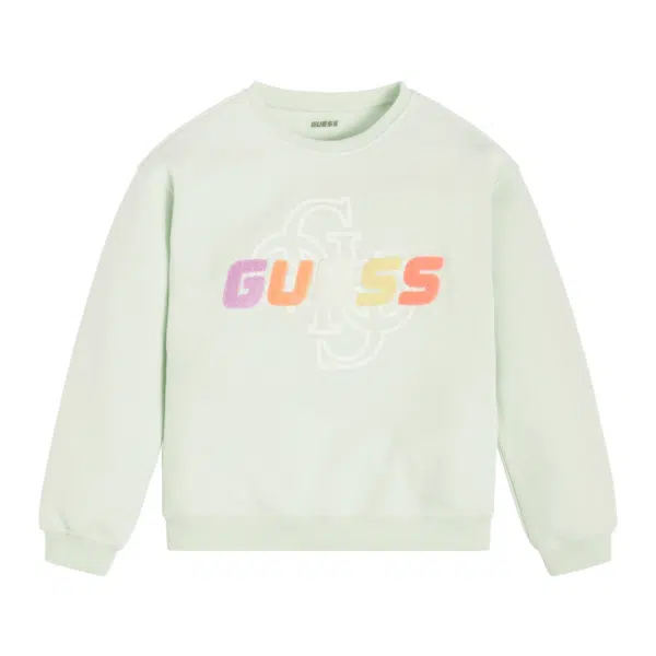 Guess pale green girls sweater with multi coloured logo