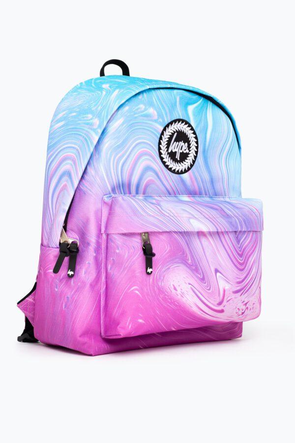 Hype pink and pale blue marbled backpack side view