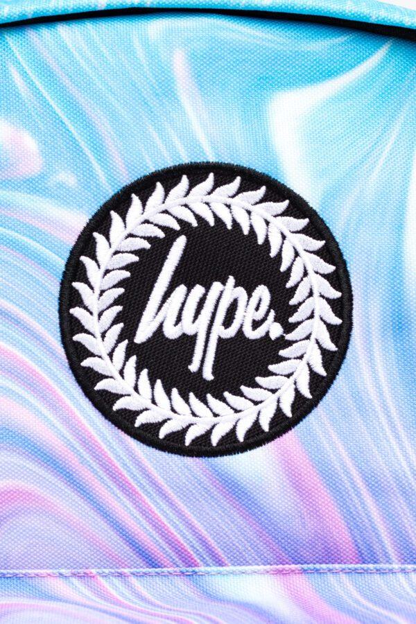 Hype pink and pale blue marbled backpack logo close up