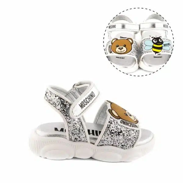 Moschino Girls Bee & Teddy Bear Glitter Sandals Front View