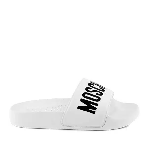 Moschino Unisex Teen Logo Sliders white side view