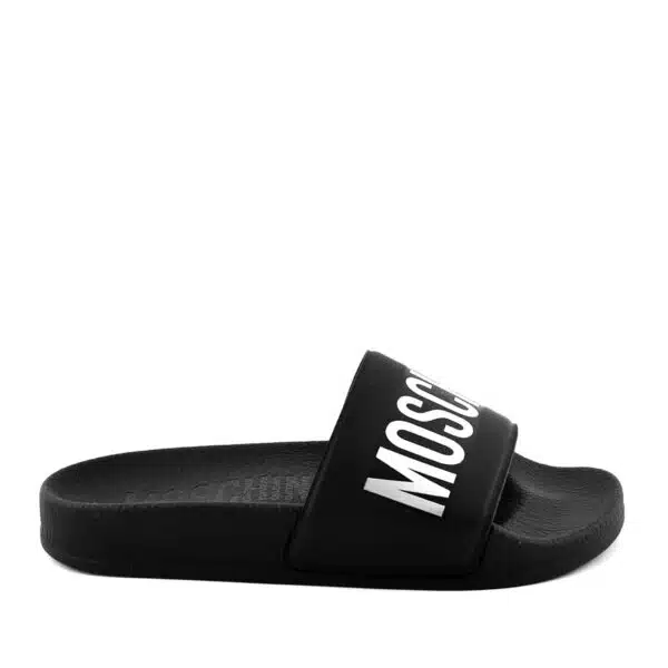 Moschino Unisex Teen Logo Sliders black side view