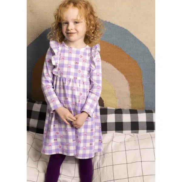 bonnie mob girls lilac tiddlywink dress on model with black tights