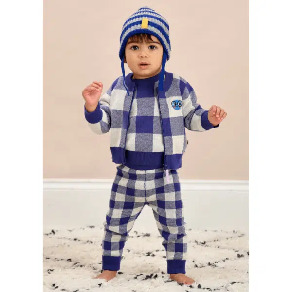 bonnie mob boys blue checked knit trousers