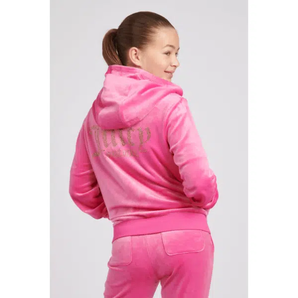 juicy couture girls pink velour hoodie back view on model