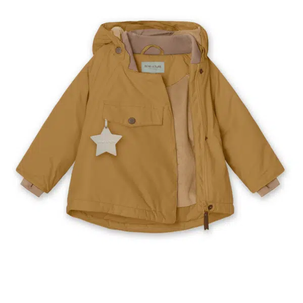 mini a ture mustard kids winter coat with side zip unzipped