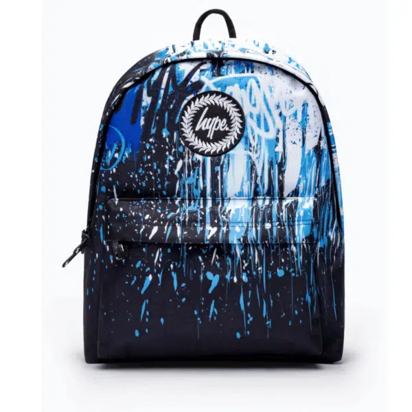 hype rucksack with blue and white graffiti design