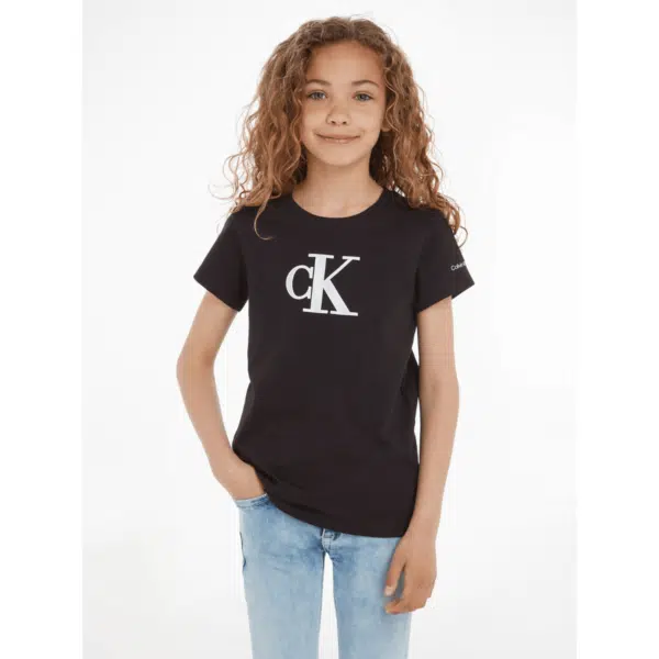 calvin klein girls black tshirt with large metallic CK logo