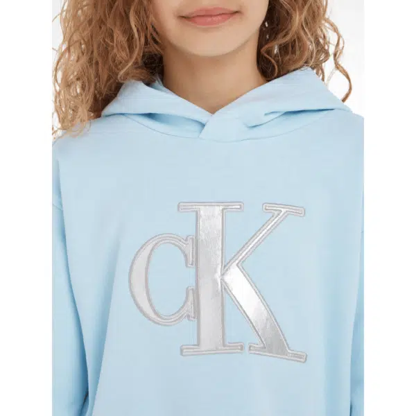 calvin klein large silver metallic logo on girls pale blue hoodie