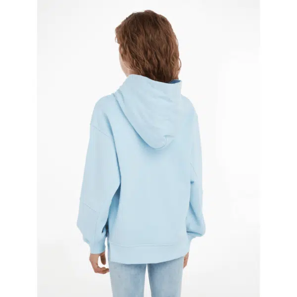 calvin klein girls pale blue hoodie with large silver metallic logo on model