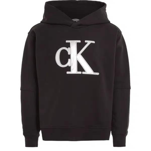 calvin klein girls black hoodie with large silver metallic logo on model