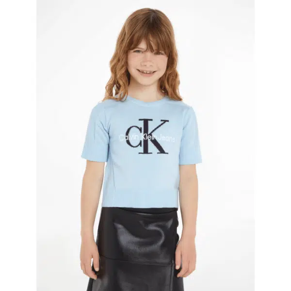 calvin klein jeans monogram girls pale blue sweater on girl model