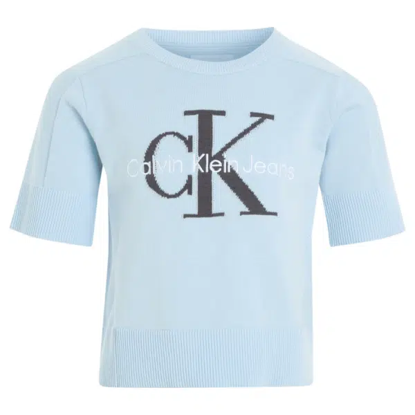 calvin klein jeans monogram girls pale blue sweater on girl model