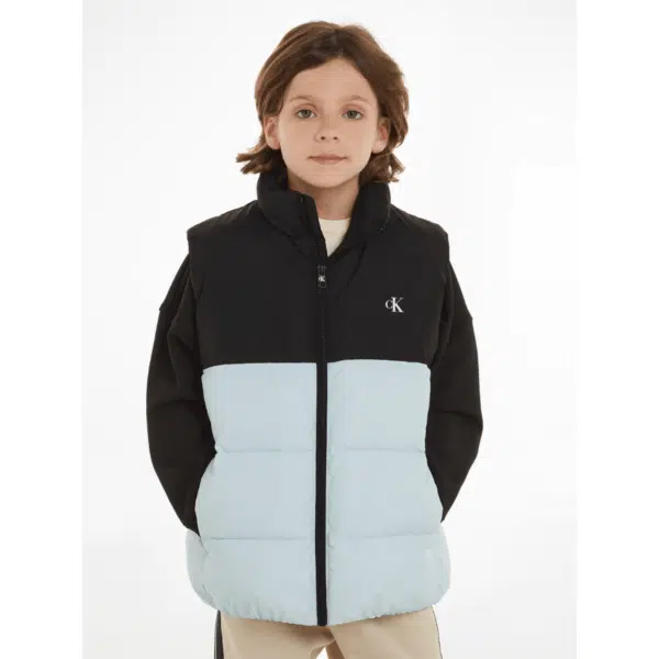 calvin klein boys block puffer close up on boy model