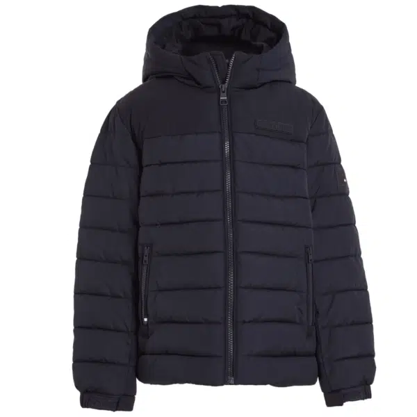 Tommy hilfiger boys new york black hooded jacket on model front view